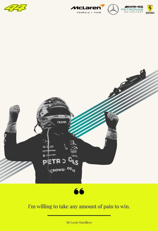 Motivational quote by Sir Lewis Hamilton with racing theme and logos.